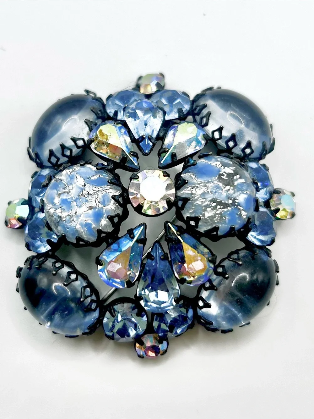 Vintage Rhinestone signed Regency Rare Blue Crystal Cluster Cabochon Brooch 50s